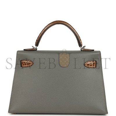HERMÈS MASTER MINI KELLY SELLIER GRIS MEYER MADAME AND FICELLE SHINY ALLIGATOR TOUCH PALLADIUM HARDWARE (19*12*5.5cm) 